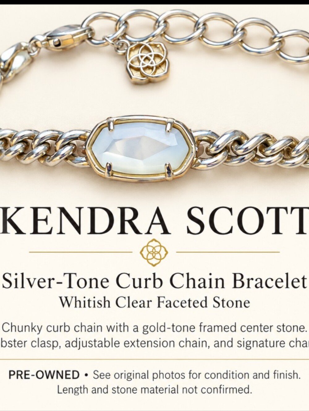Kendra Scott Whitish Clear Stone Curb Chain Bracelet Silver Tone